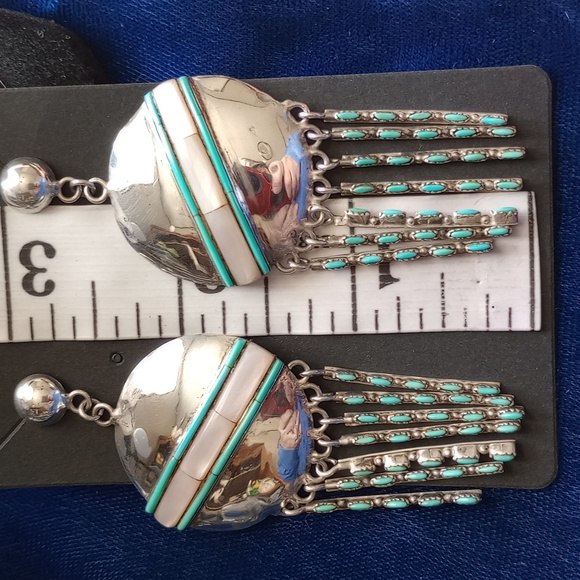 Native American Mother Of Pearl & Turquoise Sterling Silver Dangle Stud Earrings - Picture 9 of 16